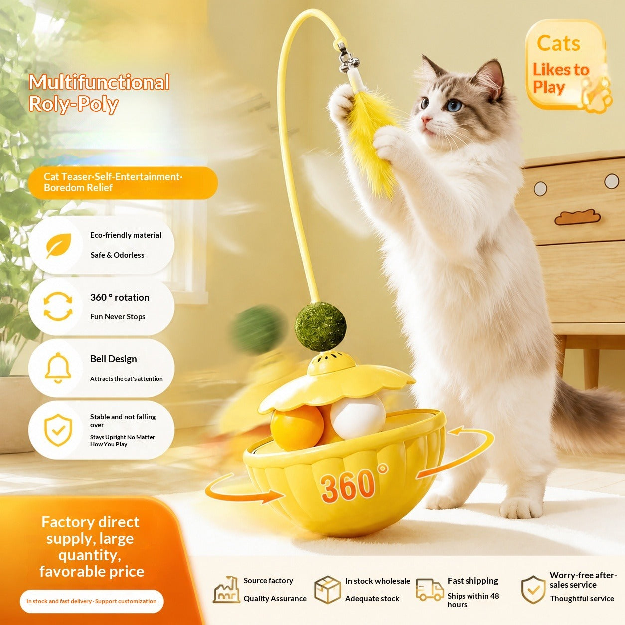 Cat toy petal tumbler teaser wand - interactive fun for kittens & cats - self-play, treat dispensing, and anti-boredom - pet toy